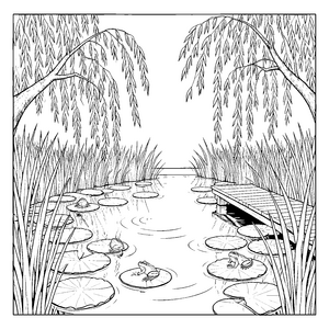Friedlicher Teich mit Weiden und Fröschen Bastelvorlage für kreative Wasserhelden