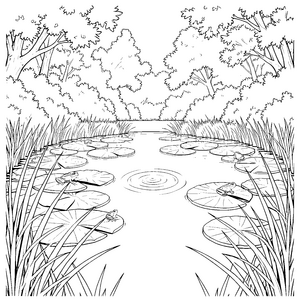 Natürlicher Teich mit Fröschen Ausmalvorlage für junge Naturfreunde