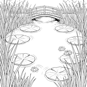 Friedlicher Teich mit Brücke Malbild für neugierige Schilffreunde