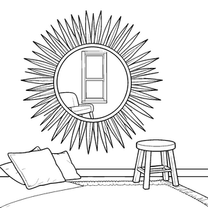 Prunkvoller Strahlenspiegel mit Bett Ausmalbild für neugierige Wohnraumfans