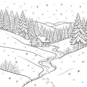 Idyllisches Blockhaus am Bach Malbild für kleine Winterfreunde