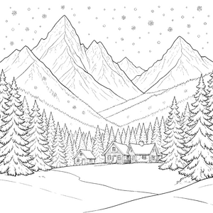 Stiller Nadelwald mit Holzhäusern Bastelmotiv für mutige Winterträumer
