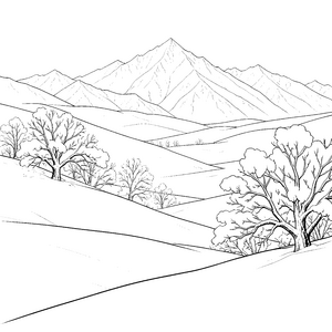 Eisige Hügellandschaft mit Berggipfeln Ausmalvorlage für Schneefreunde