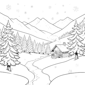 Idyllisches Holzhaus am Bach Ausmalvorlage für kleine Winterträumer