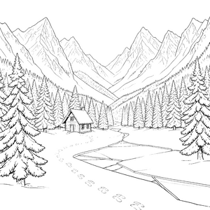 Stille Berglandschaft mit Holzhaus Malbild für Malfreude und Schneegäher