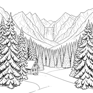 Abgeschiedene Blockhütte im Tannenwald Malbild für fröhliche Winterwanderer