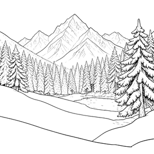 Schneebedeckte Berge mit Nadelwald Ausmalvorlage für neugierige Winterfreunde