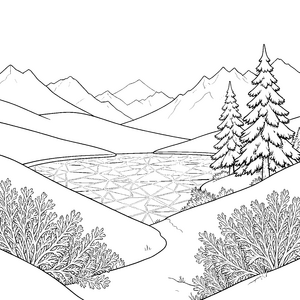 Kristalline Berglandschaft mit gefrorenem See Malvorlage für verträumte Frostfreunde