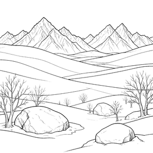 Weite Gebirgswelt mit Felsen Malbild für malfreudige Bergkinder