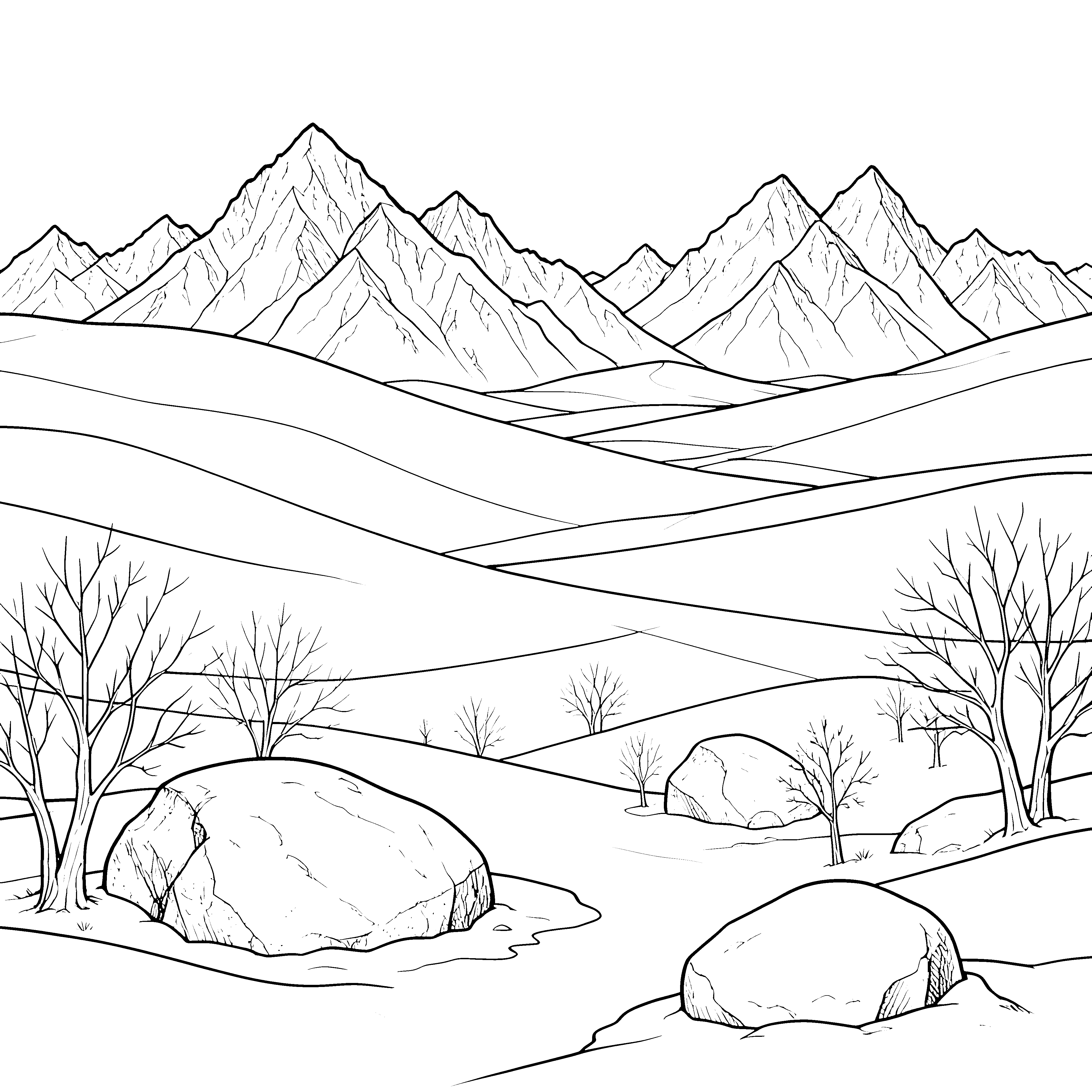 Weite Gebirgswelt mit Felsen Malbild für malfreudige Bergkinder