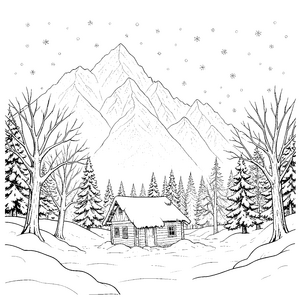 Stille Blockhütte im Bergbund Ausmalbild für kleine Winterträumer