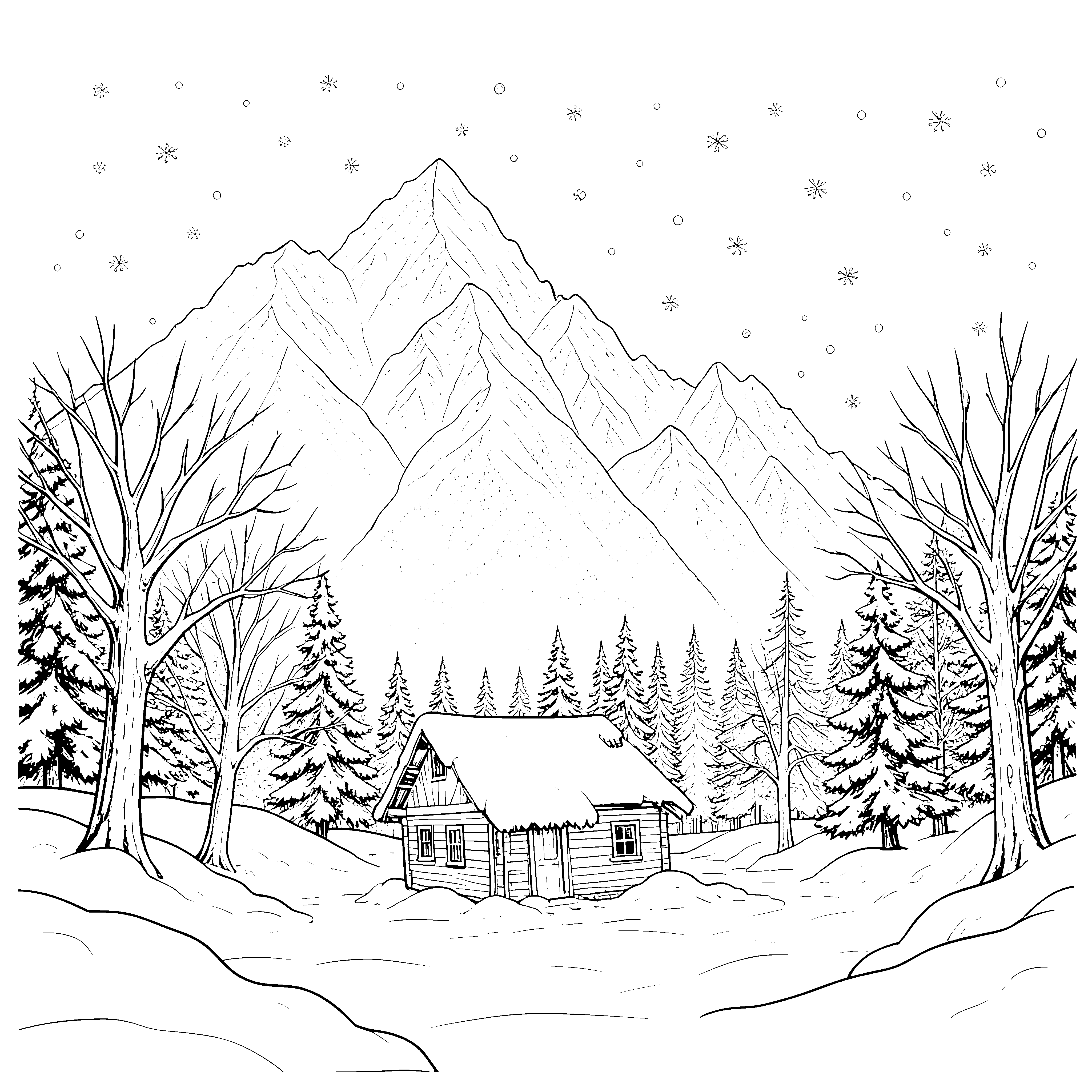 Stille Blockhütte im Bergbund Ausmalbild für kleine Winterträumer