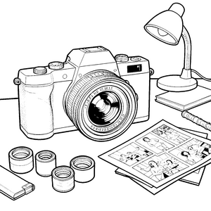 Professionelle Kamera mit Comicbuch-Malbild für verträumte Kunstfreunde