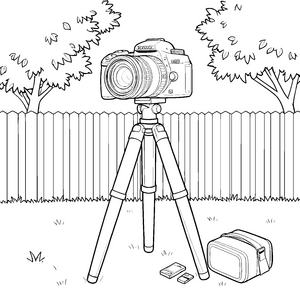 Professionelle Kamera auf Stativ Ausmalvorlage für mutige Naturfotografen