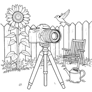 Detailreiche Kamera im Garten Malvorlage für fröhliche Naturbeobachter