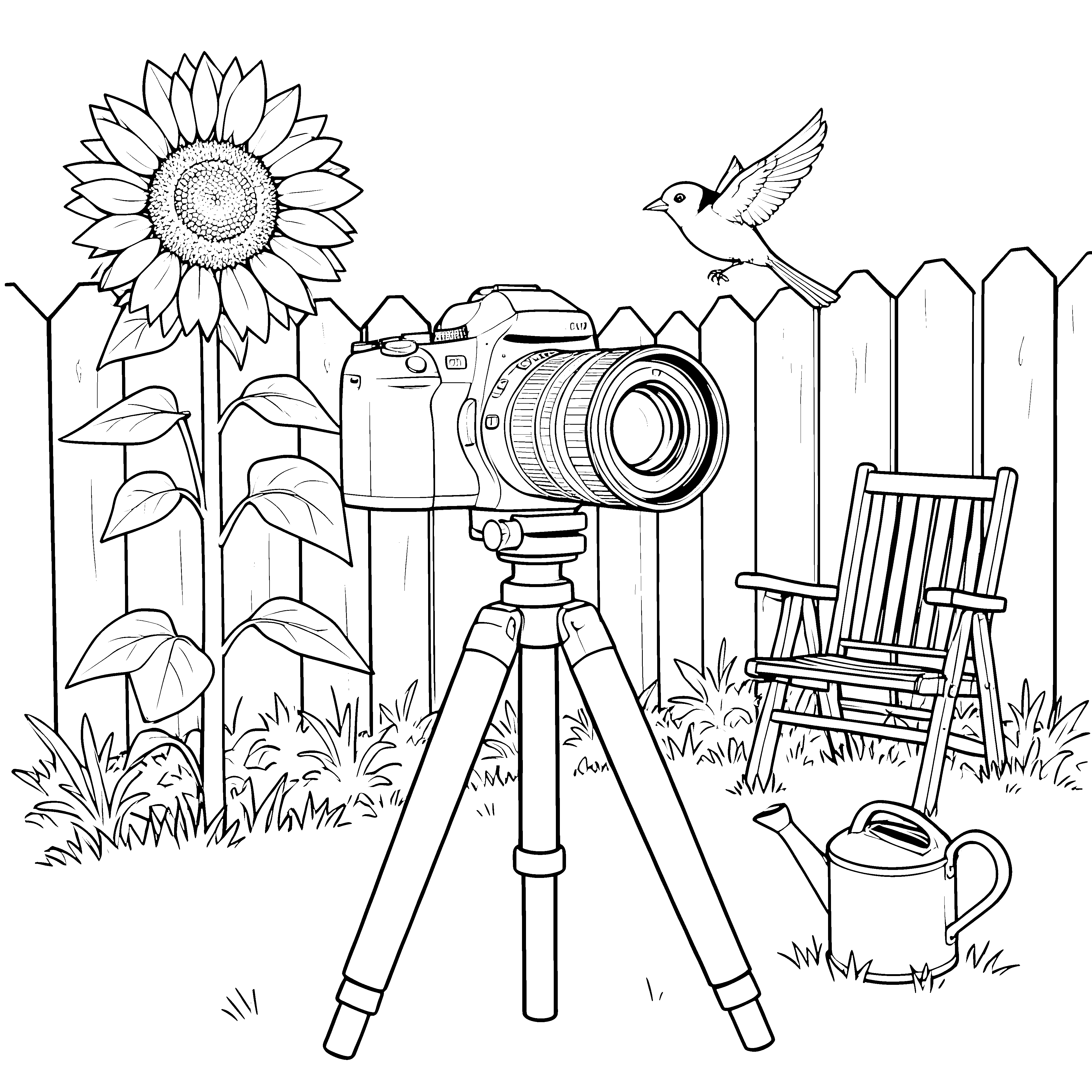 Detailreiche Kamera im Garten Malvorlage für fröhliche Naturbeobachter