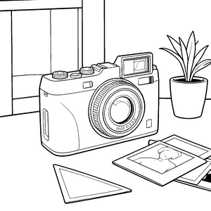 Moderne Kamera mit Fotodruck Ausmalvorlage für verträumte Bildforscher