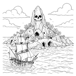 Spektakuläres Piratenschiff vor Totenkopfinsel Malbild für verträumte Meereswanderer