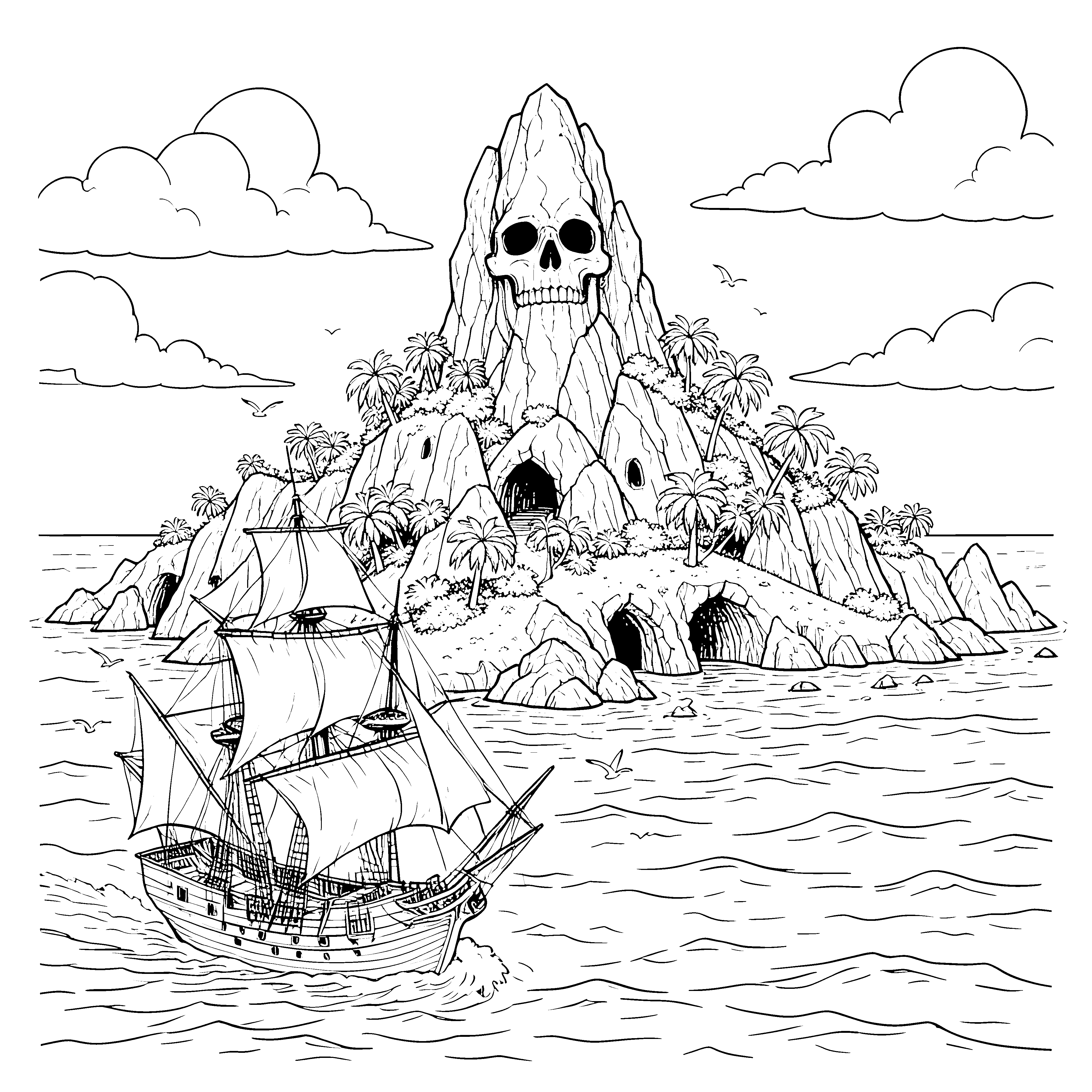 Spektakuläres Piratenschiff vor Totenkopfinsel Malbild für verträumte Meereswanderer