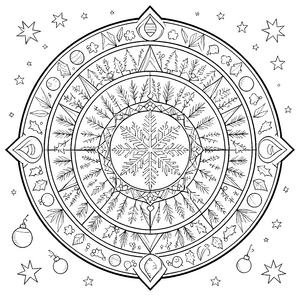 Detailreiches Schneeflocken-Mandala mit Tannenzapfen Malvorlage für mutige Winterfreunde