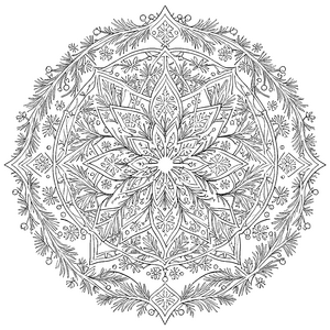Detailreiches Blumen-Mandala mit Tannenzweigen Malbild für kleine Kunstschaffende