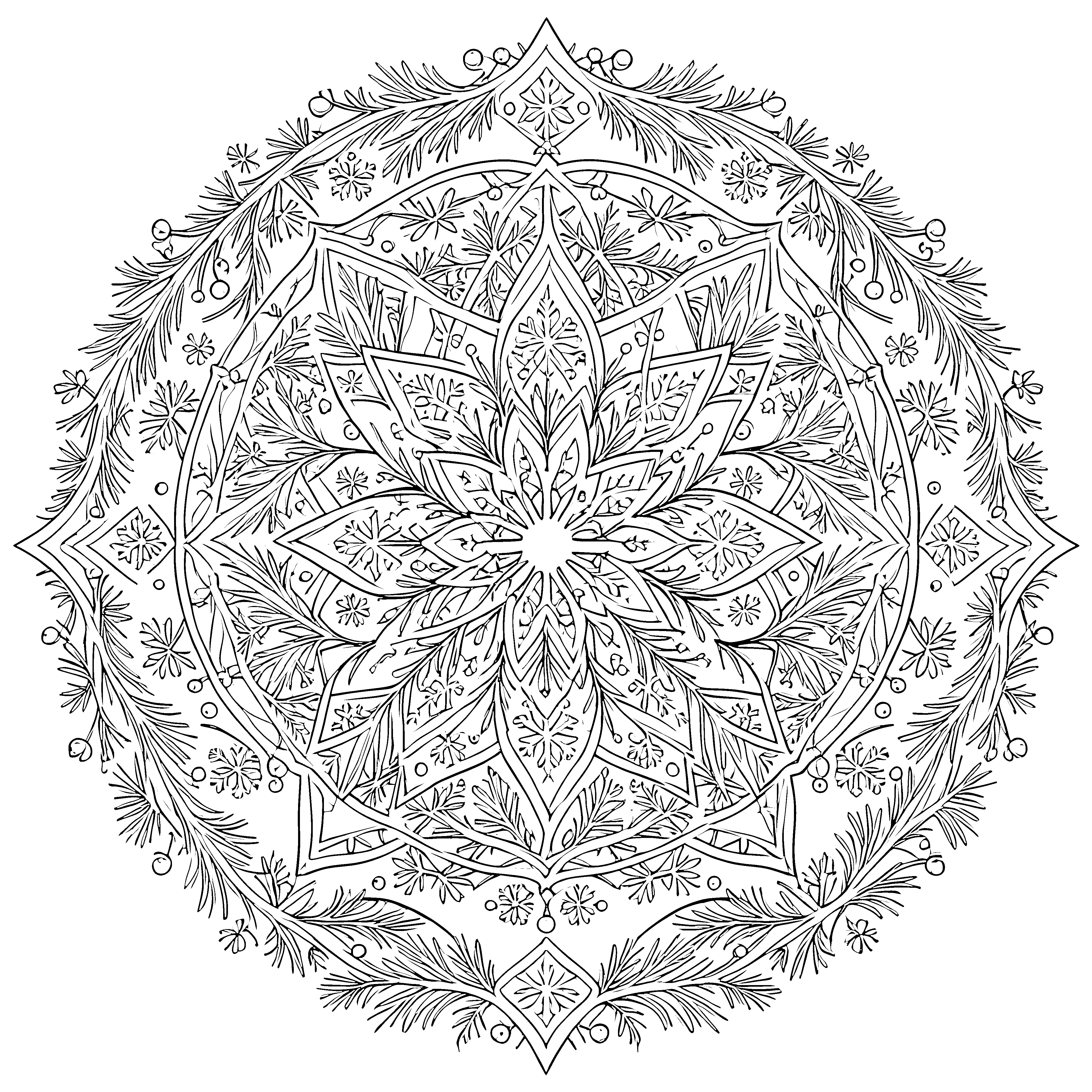 Detailreiches Blumen-Mandala mit Tannenzweigen Malbild für kleine Kunstschaffende