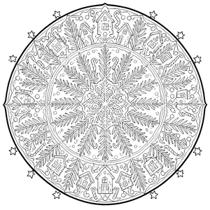 Symmetrisches Haus-Mandala mit Zuckerstangen Malvorlage für kreative Winterfans