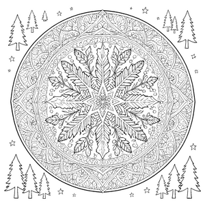 Symmetrisches Schneeflocken-Mandala mit Tannenzweigen Malvorlage für Winterfreunde