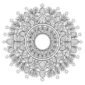 Prachtvolles Tannenzapfen-Mandala mit Sternen Malbild für kleine Waldfreunde