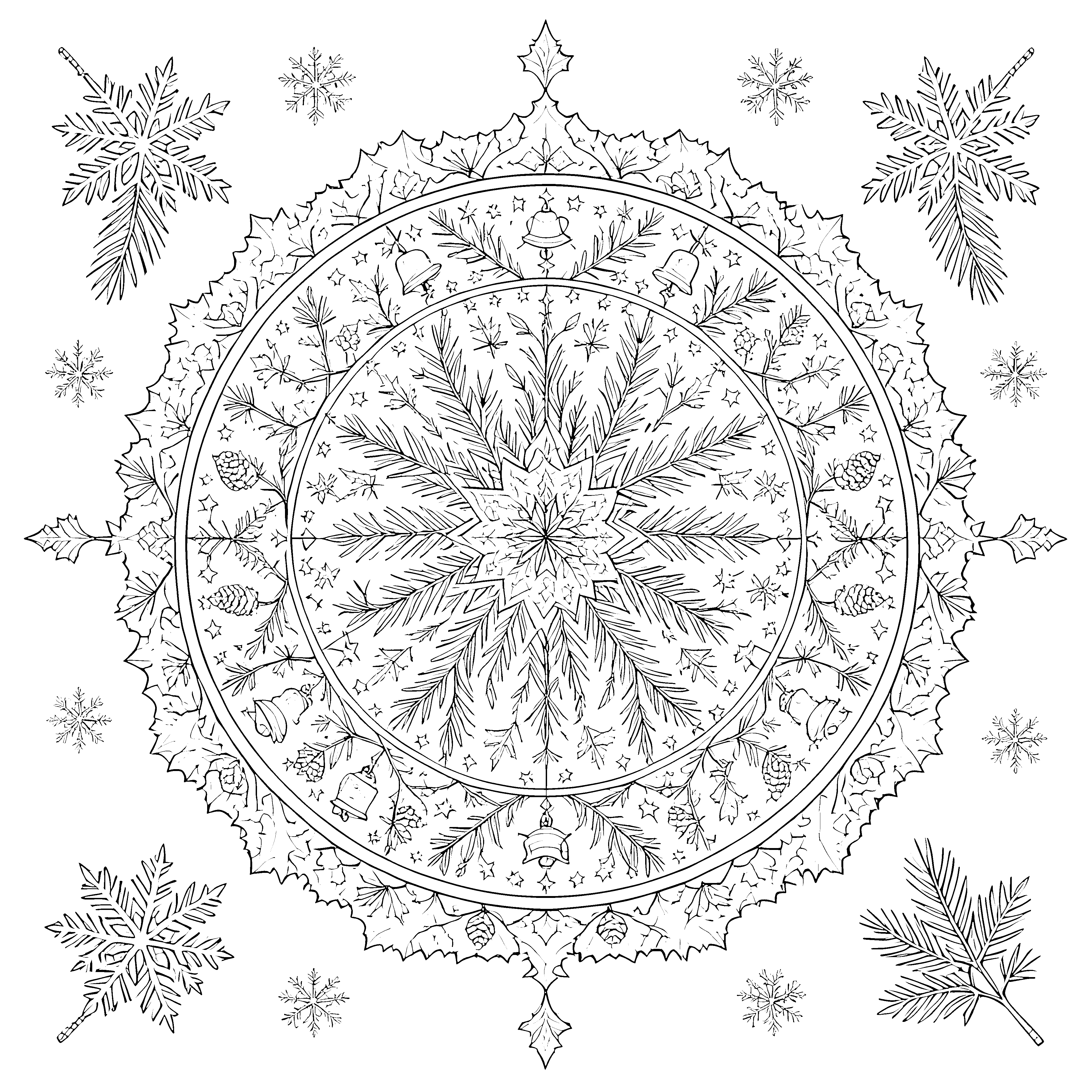 Festliches Glocken-Mandala mit Tannenzweigen Malbild für Malfreude-Winterträumer
