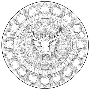 Stolzer Hirschkopf-Mandala mit Tannenzweigen Malbild für fröhliche Waldtiere
