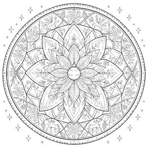 Symmetrisches Christbaumkugel-Mandala mit Tannenzweigen Bastelvorlage für kreative Winterfreunde