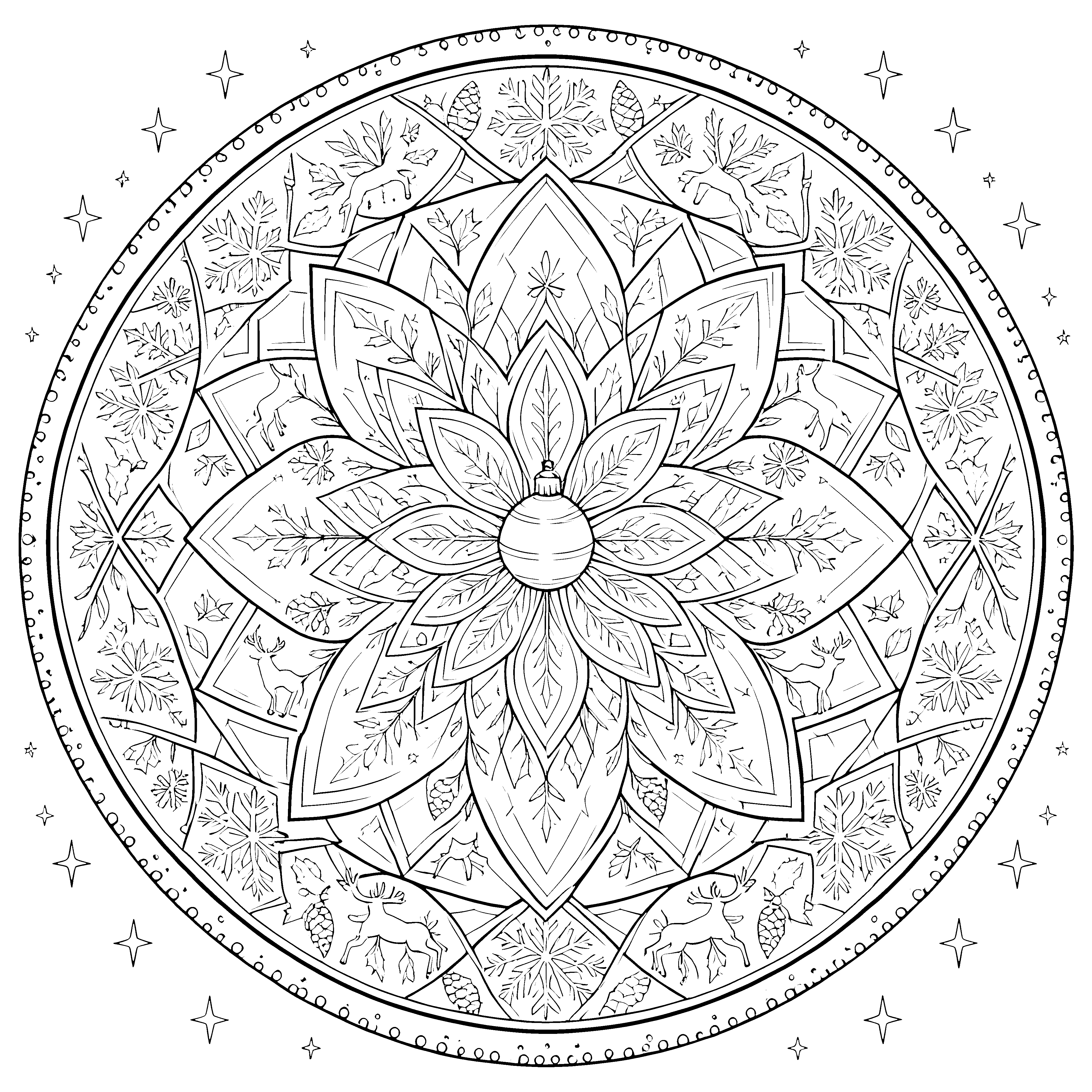 Symmetrisches Christbaumkugel-Mandala mit Tannenzweigen Bastelvorlage für kreative Winterfreunde