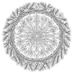 Filigranes Schneeflocken-Mandala mit Tannenzweigen Malbild für verträumte Winterzauberer