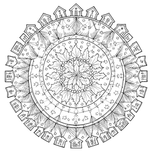 Festliches Haus-Mandala mit Tannenzweigen Ausmalvorlage für junge Winterträumer