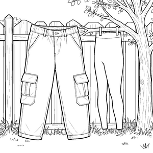 Abwechslungsreiche Hosen am Holzzaun Malbild für kleine Gartenfreunde