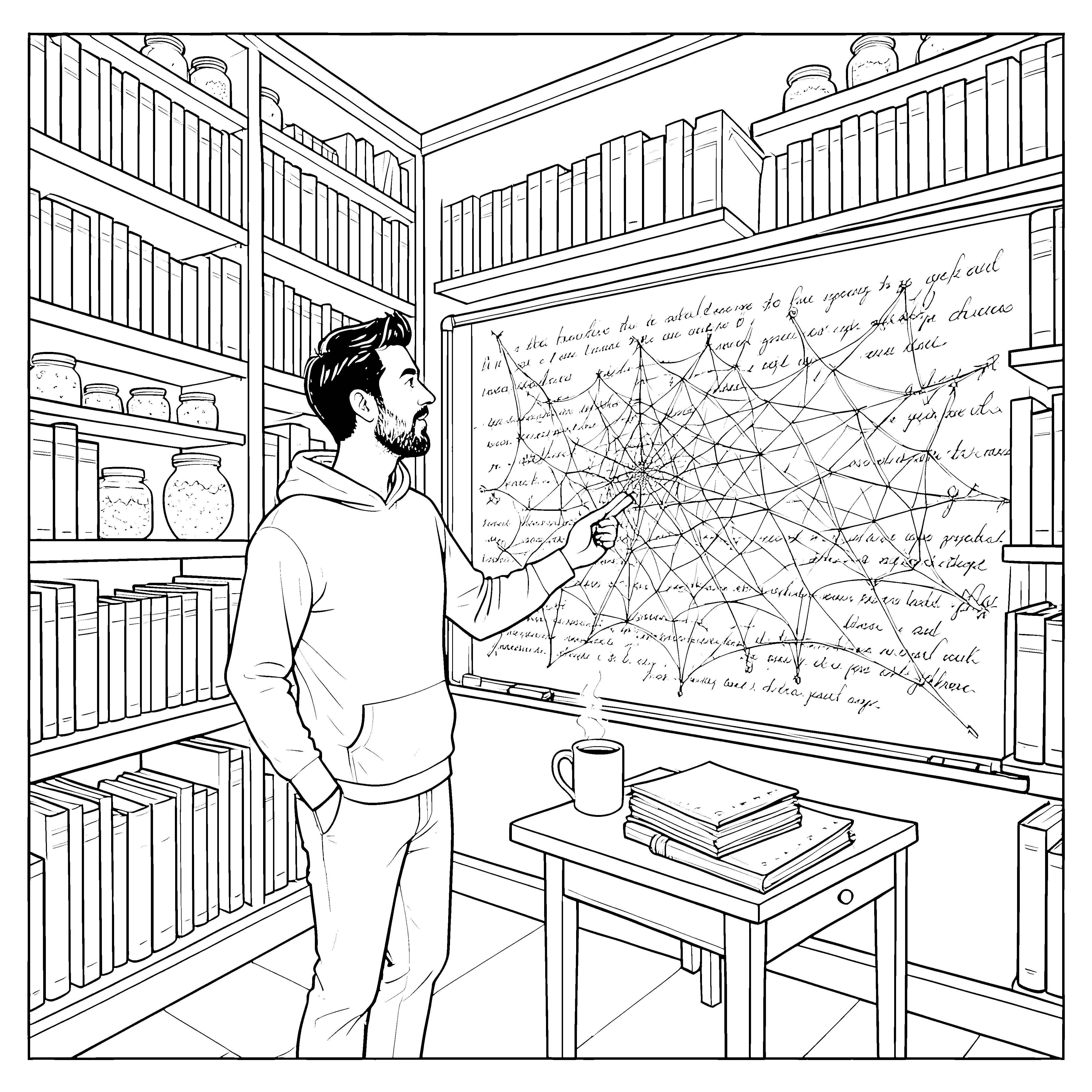Konzentrierter Autor vor Bücherregalen Ausmalvorlage für Buchwürmer
