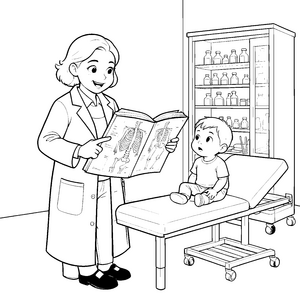 Aufklärende Ärztin mit Anatomiebuch Ausmalbild für Medizininteressierte