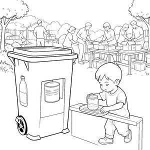 Belebte Recyclingstation mit Glasflasche Bastelvorlage für mutige Umwelthelden
