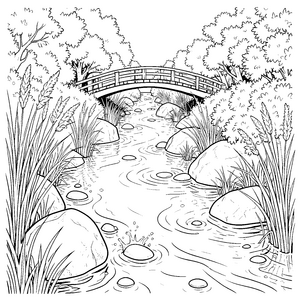Idyllischer Bach mit Holzbrücke Ausmalvorlage für fröhliche Wasserfreunde