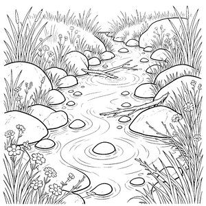 Kristallklarer Bach mit Blumen Ausmalbild für malfreudige Wasserläufer