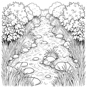 Kristallklarer Bach mit Felsen Ausmalvorlage für neugierige Wasserläufer