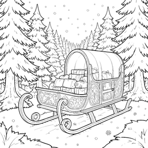 Prunkvoller Weihnachtsschlitten mit Geschenken Ausmalvorlage für kleine Winterfreunde