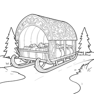 Prachtvoller Weihnachtsschlitten mit Geschenksäcken Ausmalvorlage für junge Winterträumer