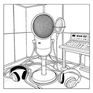 Professionelles Studiomikrofon mit Kopfhörern Ausmalbild für junge Radiostars