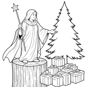 Sanftes Christkind auf Baumstumpf Ausmalvorlage für kreative Geschenkträger