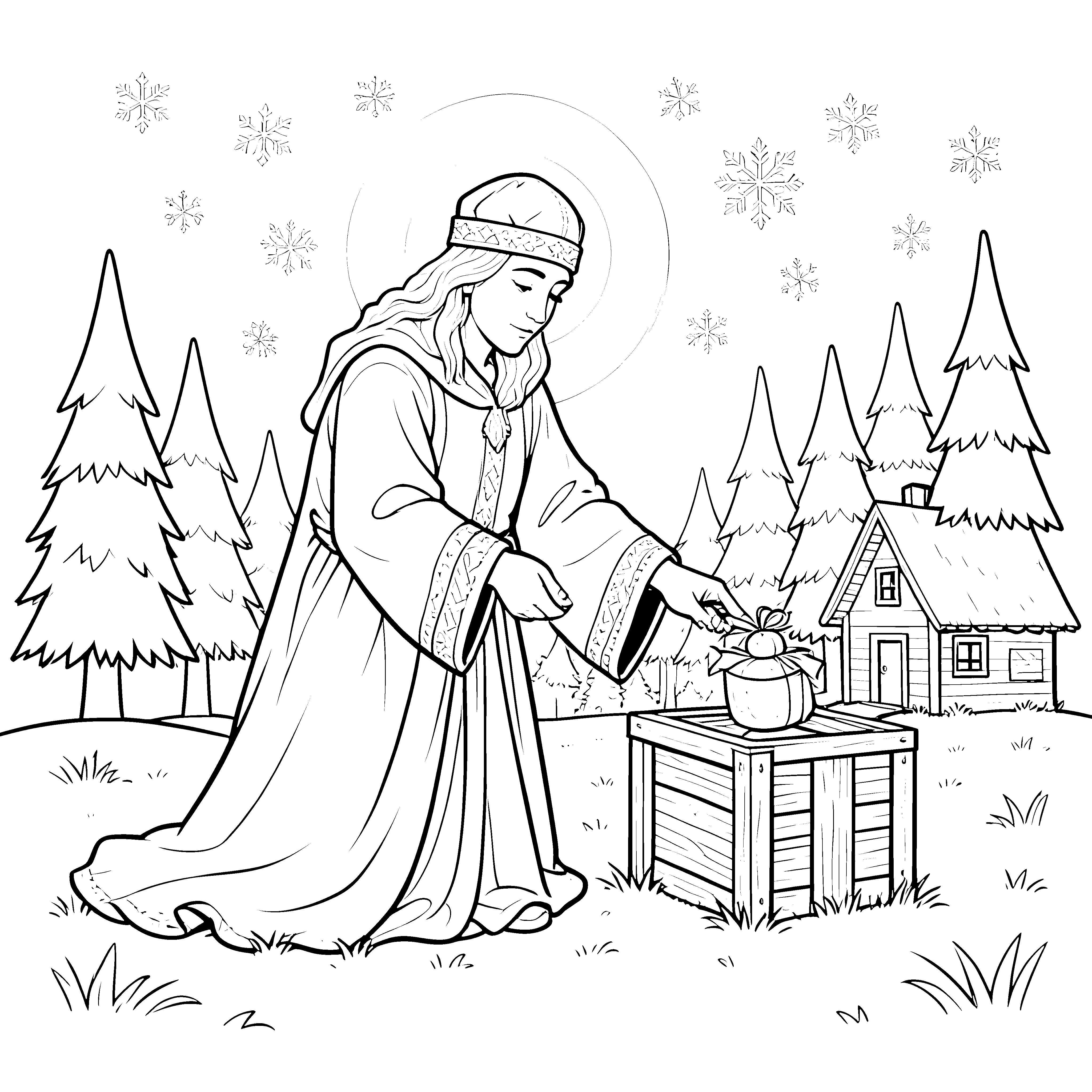 Sanftes Christkind mit Krug Ausmalbild für fröhliche Winterwaldfreunde