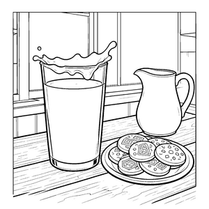 Spritzige Milch mit Keksen Bastelvorlage für malfreudige Naschkatzen