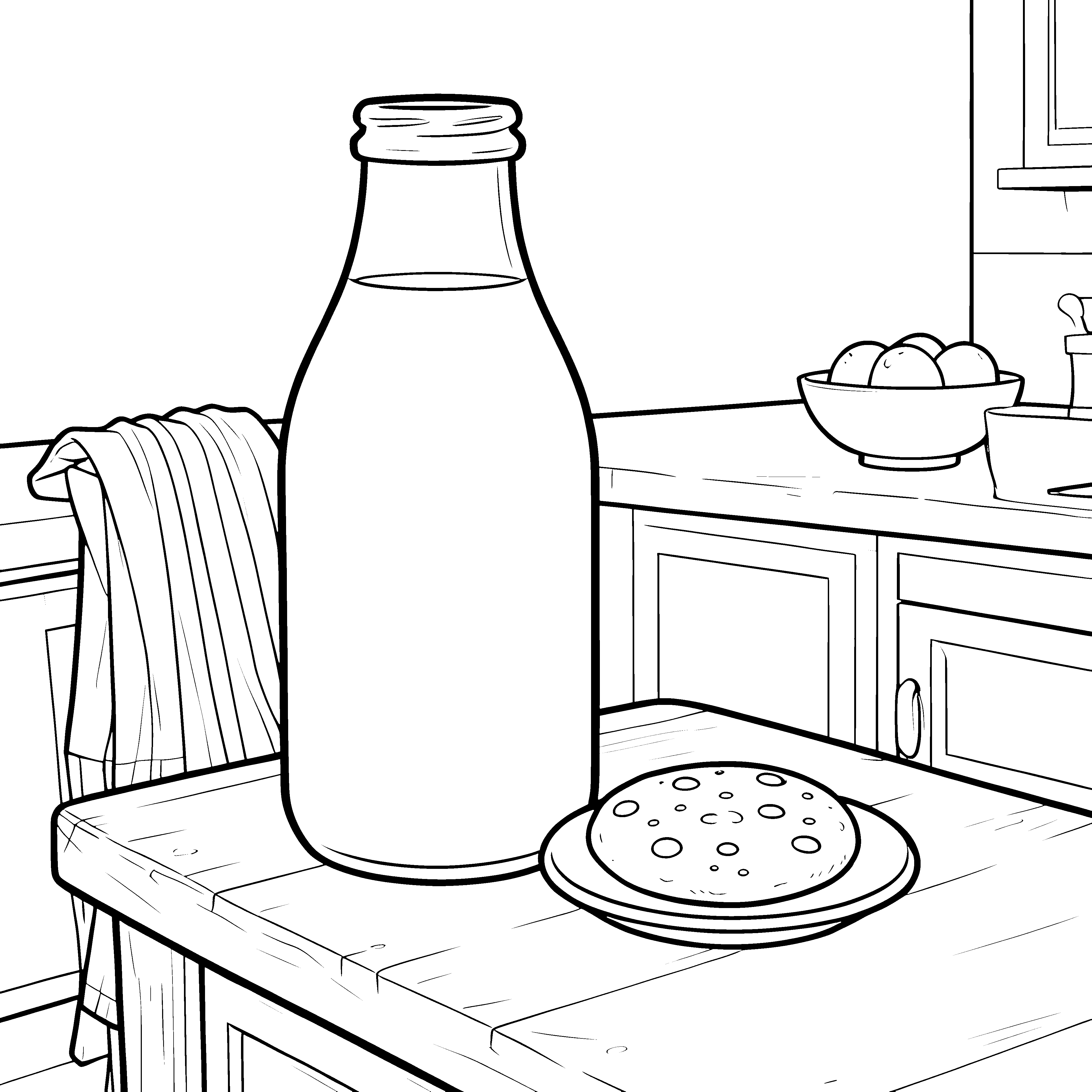 Frische Milchflasche mit Gebäck Ausmalbild für kleine Frühstücksliebhaber