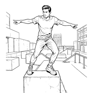 Dynamischer Parkourläufer auf Betonblock Ausmalbild für verträumte Stadtforscher